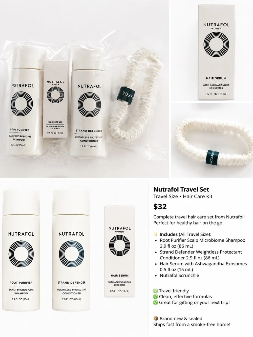 NWT Nutrafol Travel Size Hair Care Set + Serum + Scrunchie | TSA Friendly